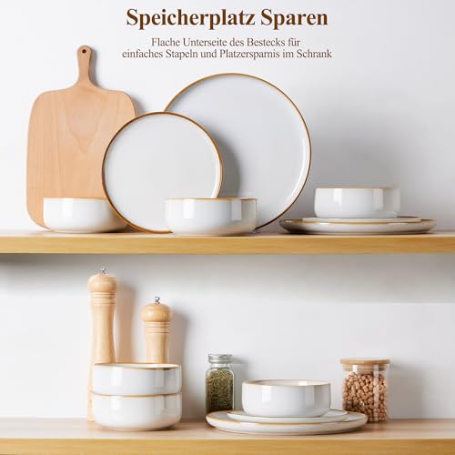 Joyfair Geschirrset 6 Personen, 18-tlg Steinzeug Tafelservice Set, Reaktive Glasur Geschirr Set mit Speiseteller, Dessertteller, Müslischalen, Mikrowellen- & Spülmaschinenfest, Sandiges Beige