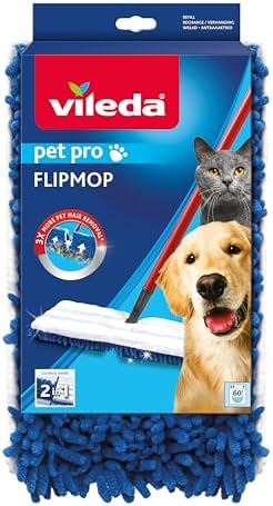 Vileda Pet Pro Microfibra Universal | Mopa Plana | Tres Veces más eliminación de pelos de Mascotas | Fácil de Insertar | 100% Microfibra | Uso en seco en múltiples Superficies | Lavable a máquina.