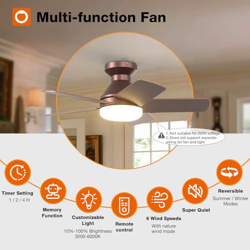Image of addlon Ceiling Fans with Lights, 32 Inch Low Profile Ceiling Fan with Light and Remote Control, Flush Mount, Reversible, 3CCT, Dimmable, Quiet, Brown Small Ceiling Fan for Bedroom Indoor /Outdoor Use