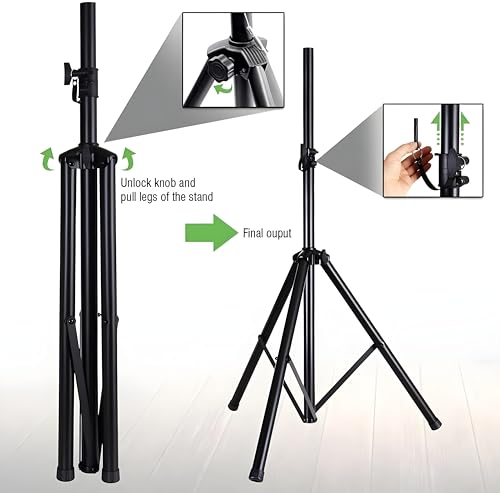 Image of Universal Speaker Stand Mount Holder Heavy Duty Tripod w /Adjustable Height, Compatible Insert Easy Mobility Safety Pin and Knob Tension Locking for Stability,Black Speaker Stand