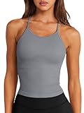LASLULU Brasier deportivo para mujer, sin costuras, largo, sin mangas, espalda cruzada, tirantes delgados, entrenamiento, yoga, brasier acolchado, cuello halter, tops casuales, Gris claro, Small