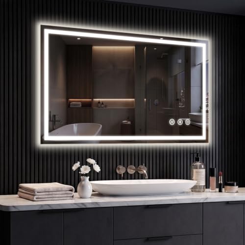 Image of 40x32 LED Bathroom Mirror with Anti-Fog, Backlit & Front Lit, Memory | Stepless Dimmable 3 Color CRI 95+ Shatterproof Tempered Glass ETL Listed for Safety Lighted Bathroom Vanity Mirror for Wall