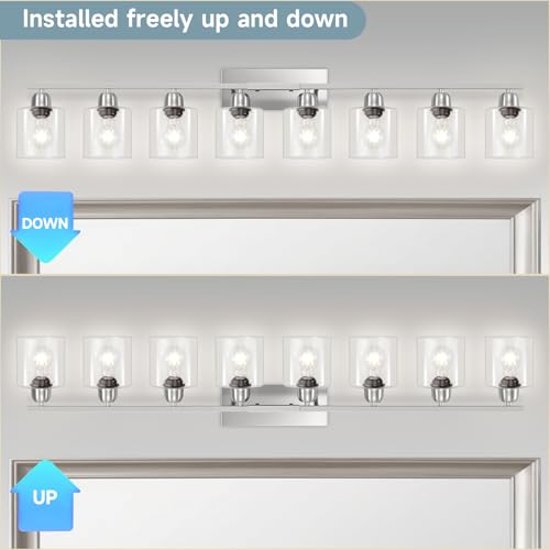 Image of Modern Brushed Nickel 8 Light Bathroom Light Fixtures,52 inch Vanity Lights for Bathroom with Clear Glass, Bathroom Light Fixture for Mirror Kitchen Living Room Hallway Cabinet Porch