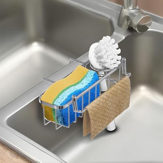 KESOL 3-in-1 Sponge Holder for Kitchen Sink, Hanging Caddy for Double Bowl Sinks, Stainless Steel Sponge with Dishcloth Holder, Brush & Soap Rack, Kitchen Sink Accessories, Silver