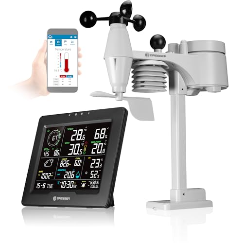 Bresser WLAN Wetterstation 8-in-1 mit Außensensor, WBGT-Hitzestress-Index, UV, Regen, Wind, Licht, WLAN, App-Steuerung, Raumklima, Wecker,...