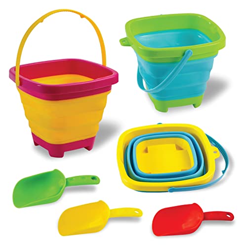 Sloosh 3 PCS Foldable Buckets with 3 Shovels Sand Bucket Water Bucket Sandbox Square Summer Party Foldable Pail Bucket Silicone Collapsible Bucket Kids Beach Toys Travel 0.53 Gallons