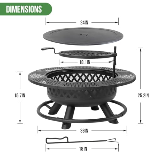 Panovue FT-32847 36 Inch Fire Pit With Grill, Wood Burning Fire Pits For Outside With Lid& Fire Poker, Round Metal Fire Pit Table 3 In 1 With Cooking Grate,Outdoor Fire Pit thumb #5