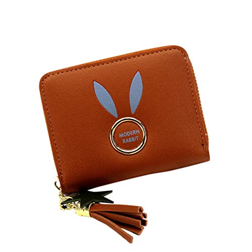 Tonpot - Cartera corta para mujer, diseño moderno de conejo, diseño encantador con cierre de borla, adorno pequeño para monedas, bolso de mano 10.8 * 8.5 * 2.2cm marrón