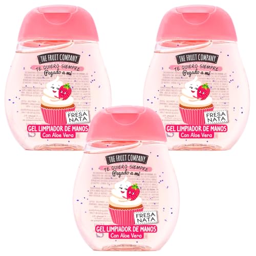 The Fruit Company Gel Limpiador De Manos FRESA NATA Pack 3 uds de 45ml 70% Alcohol con Aloe Vera Formato Bolsillo