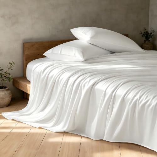 AiAngu Luxury Mulberry Silk Modal King Size Sheet Set 4pc(King White)