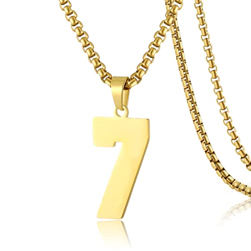 SKQIR - SKQIR Number Necklace for Boys Youth Athletes Jewelry Gifts Personlized Gold Jersey Number 7 Pendant Necklace for Men Sports Football Basketball Baseball Stainless Steel Chain.