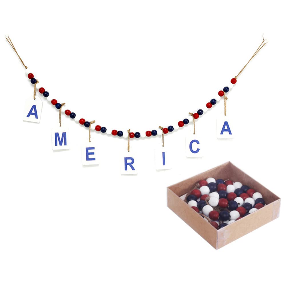 Ceresa IncIndependence Day Beaded 4th of July Decorations America Pendant Red White Blue Patriotic Wood Bead Garland for Memorial Independence Day Wall Decor
