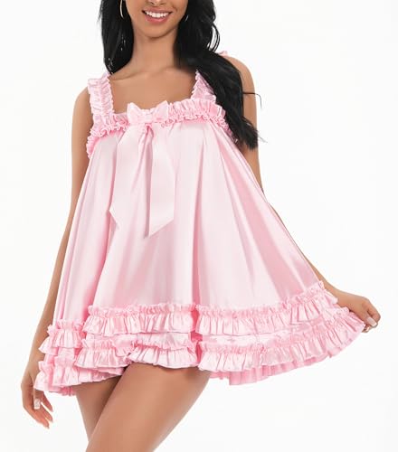 Image of Satini Lingerie Satin Sissy Ruffle Hem Frilly Babydoll Dress Negligee Feminine Cosplay