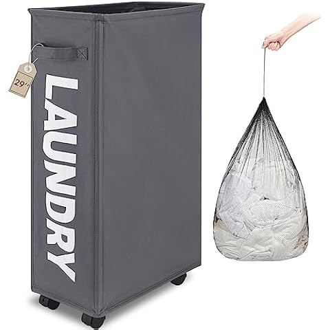TOTANKI 29" Large Slim Rolling Laundry Basket on Wheels with Removable Bag, Foldable Laundry Hamper with Handle, Collapsible Laundry Sorter and Organizer, Tall Storage Basket Bin (Grey) Cover