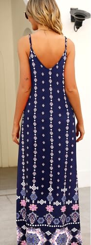 Image of Supnier Women's Summer Maxi Dress Casual V-Neck Sleeveless Bohemian Spaghetti Strap Floral Long Maxi Dress with Pockets
