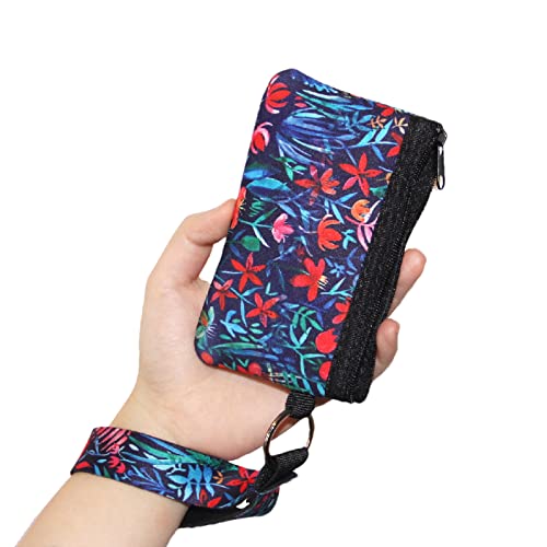Calormixs Women's Id Case Zipper Wallet Card Holder With Lanyard Interlayer Pocket Key Coin Pouch Keychain Purse Neoprene Wristlet Wallet Floral Print(Jungle Night) #TOP4