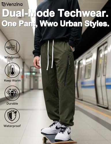 Image of Venzina Men's Techwear Casual Pants, 2-in-1 Straight Leg Waterproof Quick-Dry Joggers, Urban Functional Pants with Contrast Zipper, for Commuting Travel Workout