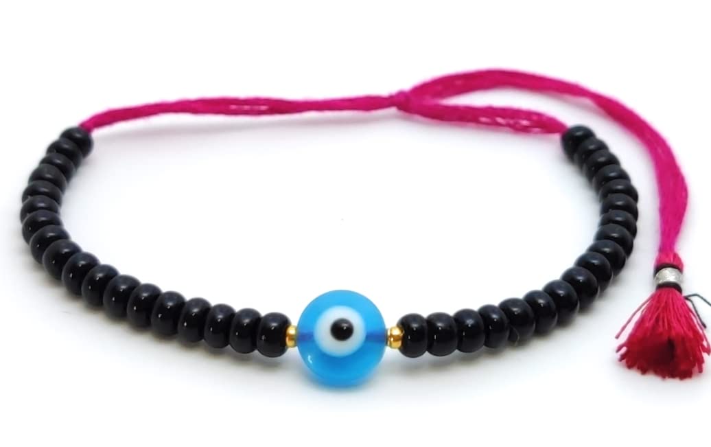 Jewel string Sea blue Evil Eye black bead Bracelet pink cord adjustable for girl women(Not for Anklet) tassle - Image 6 thumbnail