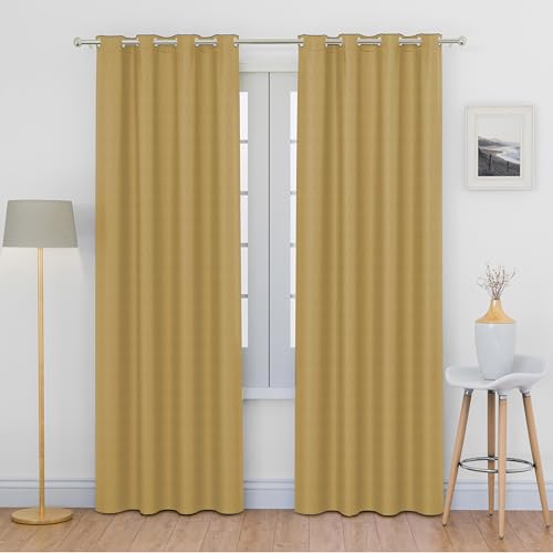 Image of LINENWALAS 100% True Blackout Curtains 6.5 Feet Long - 1 Panel Curtain, Herringbone Embossed Design Complete Light Block, Thermal Insulated & Noise Reducing Room Darkening Curtains (Golden Beige)
