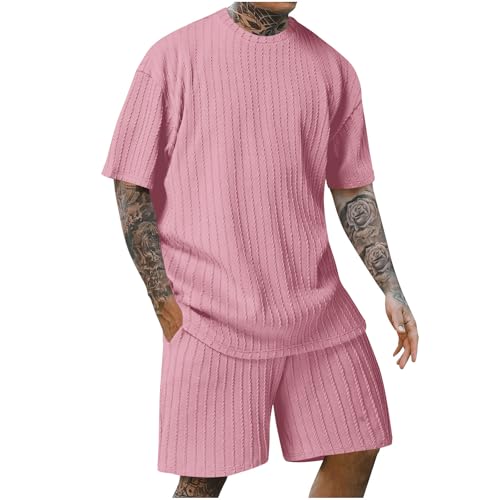 Cambkatl Men's Short Sleeve Tracksuits Loose Crewneck Jacquard T-Shirt and Shorts Summer Loungewear 2 Piece Sets with Pockets