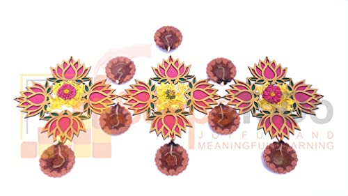 StepsToDo Wooden Lotus Flower Cutouts – Set of 12 | Golden, Rose Pink & Green | Diwali DIY Craft Kit | Decorative for Pooja, Festival, Wedding Return Gifts