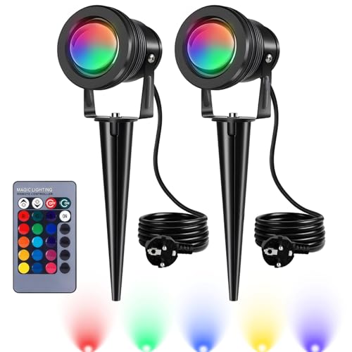 kefflum 10W RGB Gartenbeleuchtung Scheinwerfer LED Strahler Gartenlampe mit Erdspieß IP65 Wasserdicht Gartenstrahler für Außen Spotbeleuchtung Bodenleuchte Teichstrahler (2er Pack)
