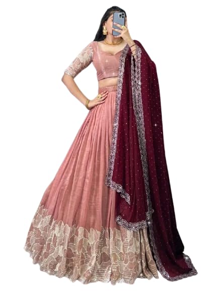 Image of Suppar Sleave Women's Embroidered Vichitra Silk Lehenga Choli Dupatta Set Semi-Stitched Blouse and Fit & Flare Style