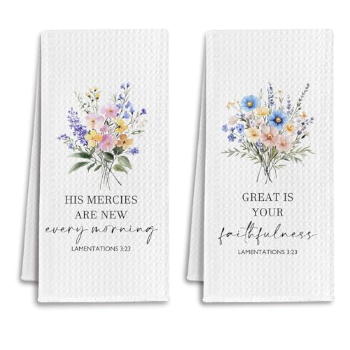 IRTAGANNY Christian Floral Kitchen Towels, Lamentations 3:23 Bible Verse Dish Tea Towels for Kitchen, His Mercies are New Every Morning Decorative Hand Towel for Bathroom, 16x24 Inch Set of 2