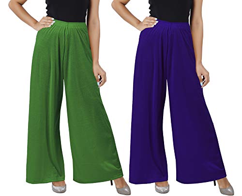 Image of Buy That trendz M to 4XL Cotton Viscose Loose Fit Women M to 6XL Flared Wide Leg Palazzo Pants for Jade Green Purple 2 of Pack Combo XXXX-Large