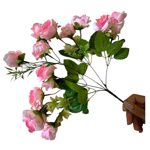 Image of Garden Art Artificial Small Rose Flower Bunch (Pack of 1) | 5 Heads with 15 Flowers & Buds, 35 cm Faux Rose Bouquet for Home Decor, Wedding & Table Decoration (Pink Shaded)