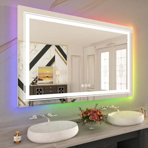 Image of WTTY LED Bathroom Mirror 48 inchx40 inch with RGB Backlit and Front Light,Stepless Dimmable LED Mirror for Bathroom,Colored Lighted Bathroom Vanity Mirror,Anti-Fog,Memory Function,Shatter-Proof