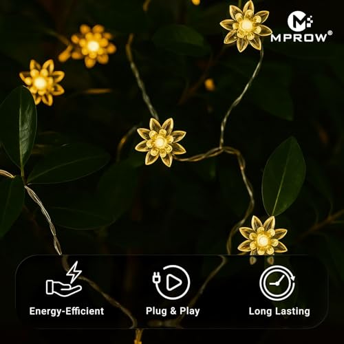 Image of MPROW Lotus Flower String Lights - 2O LED Fairy Lights with Remote, Waterproof Decorative Lights for Home, Diwali, Christmas, Wedding, Party, Garden, and Bedroom (Yellow Color)