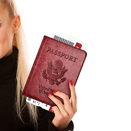 Image of Passport and Vaccine Card Holder Combo with Vaccine Card Slot, Passport Wallet / Cover /Case /Holder for Women and Men(AC-Wine red)