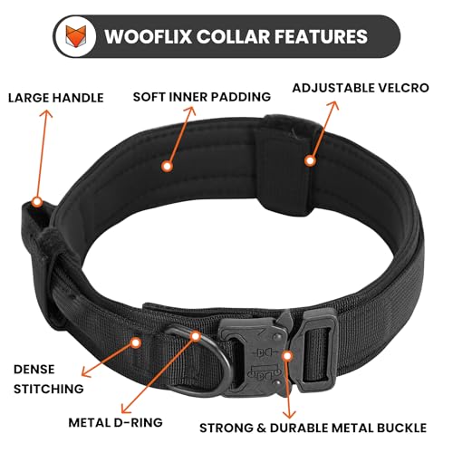 Image of Wooflix Metal Dog Collar for Training and Walks | Nylon Collar with Tactical Metal Buckle and D-Ring for Medium and Large Dogs | Dog Collar for Heavy Breed Dogs (Black, Medium)