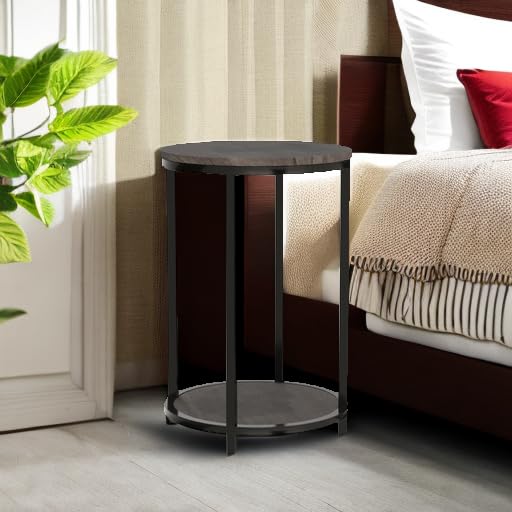 Image of NSdirect Round Side Table,16in Rustic Wooden End Table Surface Top & Sturdy Metal Legs Nightstand for Living Room Bedroom Farmhouse Sofa Table with Storage Open Shelf,Light Walnut