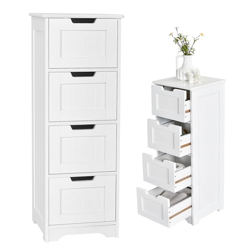 KOMFOTTEU Colonne de Salle de Bain avec 4 Tiroirs, Meuble de Rangement étroite en Bois, Commode de Stockage adapté aux Petits Espaces, pour Salon, Chambre,...