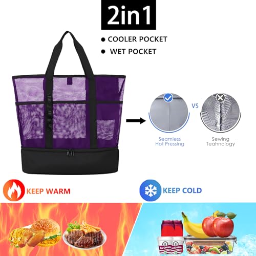 Image of Beach Bag with Cooler,Mesh Beach Bags for Women Sandproof for Pool and Swimming Travel Daily with Durable 8 Pocket