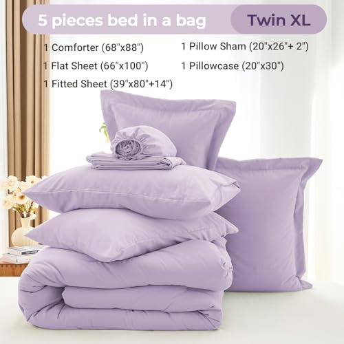 MUXHOMO 5 Pieces Twin XL Comforter Set, Soft Bed in a Bag Twin XL Size, All Season Bedding Set with Comforter, Flat Sheet, Fitted Sheet, Pillowcases & Shams, Lavender