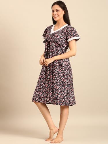Image of Rupa Jon Aishwarya Women Short Printed Nighty in Premium Cotton Blend Fabric, Midi Length, Night Dress, Three-Fourth Length for Comfortable Everyday Wear