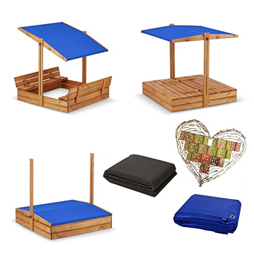 Sandkasten Imprägniert mit Dach inkl. Video Anleitung für Montage mit Sonnenschutz UV-Schutz Sandbox mit Abdeckung mit Sitzbänken mit Deckel mit Plane Sandkiste Sandkastenvlies Holz 120x120 140x140 XL
