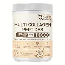 NATURE TARGET Multi Collagen Peptides for Women - Hydrolyzed Collagen Powder with Vitamin C & E - Type I, II, III, V & X Support Skin, Hair & Joint, Vanilla Flavored, 35 Servings