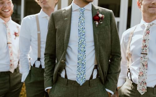 Image of Mantieqingway Men's Skinny Tie, Cotton Floral Ties for Men Wedding Necktie for Groom, Groomsmen, Missions, Dances