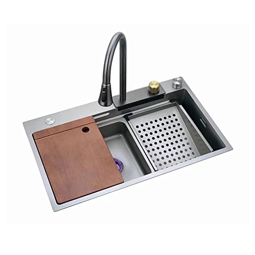 Cascada Fregadero de Cocina de Acero Inoxidable Fregaderos de Restaurante Comerciales Fregadero de Servicio Moderno con Grifo ExtraíBle Lavavajillas Tabla de Cortar, Gris Pistola ( Size : 80*45*22cm )