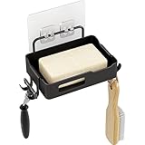 VINCREY Soap Dish Shower, Stainless Steel Wall-Mounted Soap Tray for Shower Bathroom Kitchen Counter Top, Creative Soap Holder with Convenient Hooks (Black)