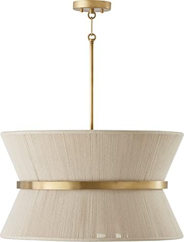 Capital Lighting 341281NP Cecilia Transitional Art Deco Luxe Hand-Wrapped Bleached Natural Rope Tapered Pendant Light Fixture, 8-Light 480 Total Watts, 14" H x 24" W, Patinaed Brass
