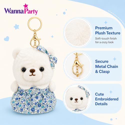 Image of Wanna Party White Teddy Bear Plush Keychain, Cute Soft Bear Bag Charm with Blue Floral Dress