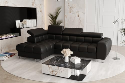 Friderik Sofá esquinero Aspen Mini con función de dormir, 260 x 170 cm, piel sintética Madrit, reposacabezas ajustables, cajón, superficie de descanso 117 x 190 cm (negro, izquierda)