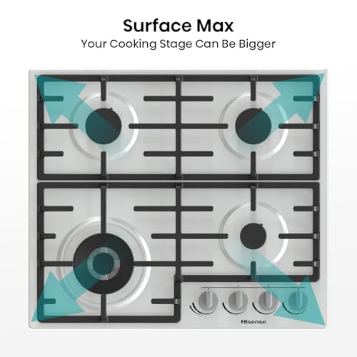 Hisense GM663XB Gas Hob, 4 Cooking Areas, Width 60 cm, Double Crown Wok Burner and Cast Iron Grilles, Integrated Ignition, Anti Fingerprint Stainless Steel