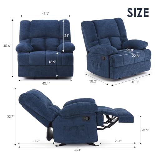 Image of Oversized Rocker Recliner Chair with Adjustable Backrest, Blue