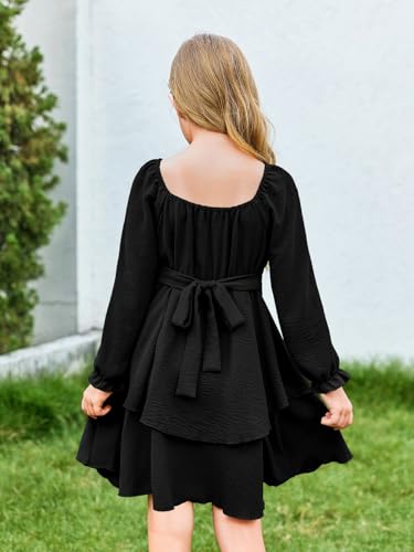 Haloumoning Girls Fall Dress Long Sleeve Off Shoulder Puff Sleeve Ruffle Tiered Layer Party Dresses 7-14 Years3